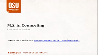 The first slide in a presentation about the online M.S. in Counseling program.