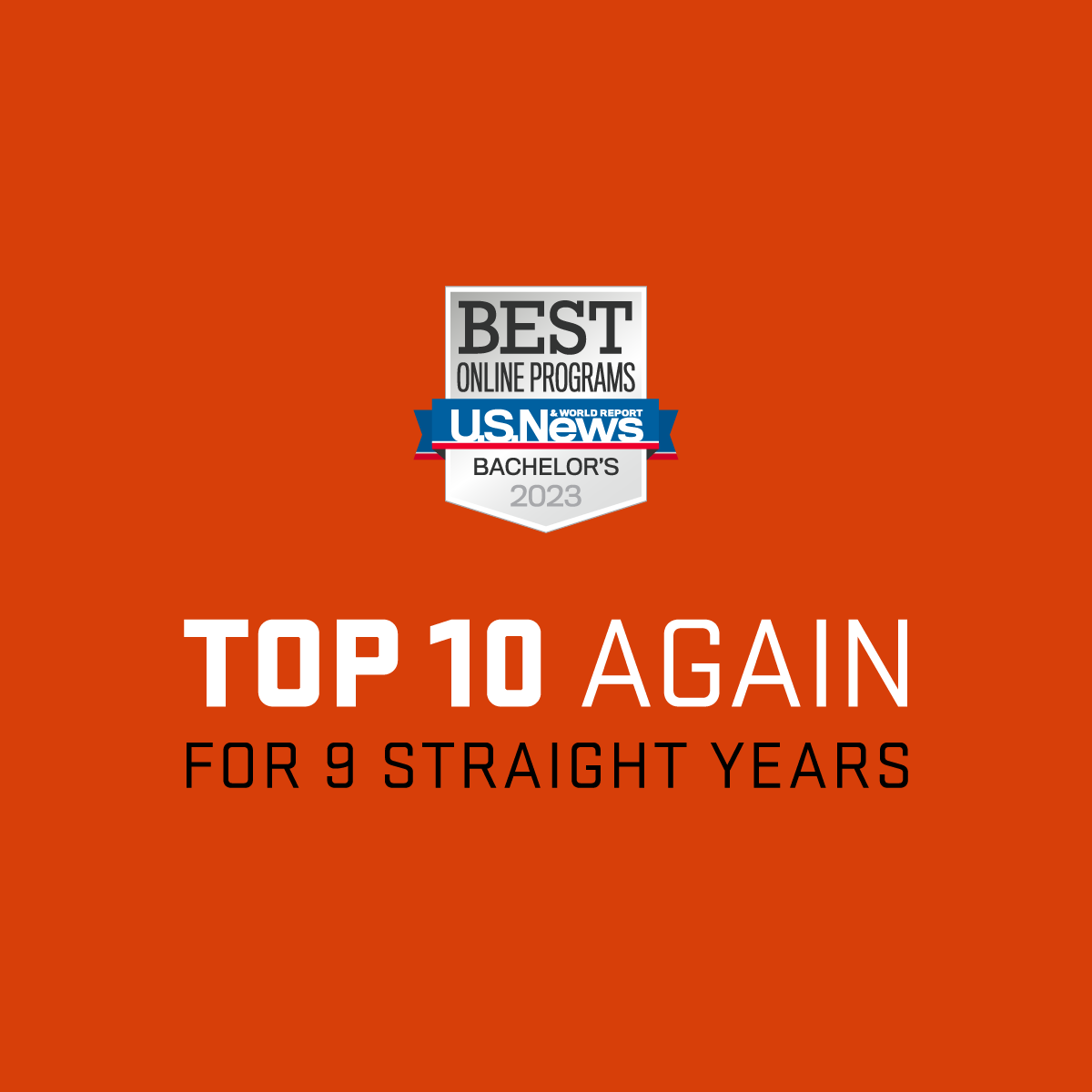 Bold text says: Top 10 again, for nine straight years below a US News best online programs badge