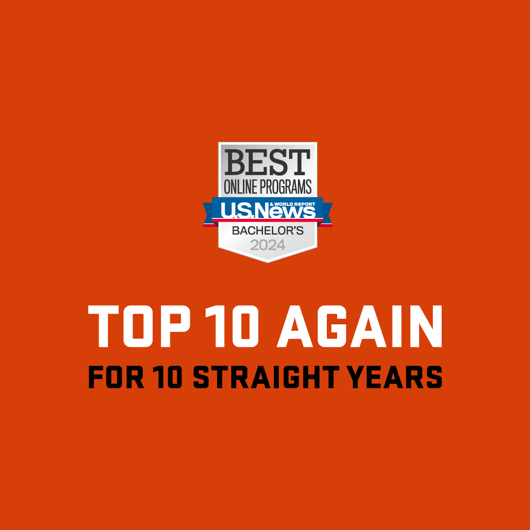 Bold text says: Top 10 again, for ten straight years below a US News best online programs badge
