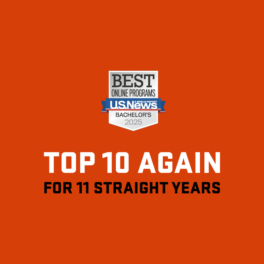 Bold text says: Top 10 again, for 11 straight years below a US News best online programs badge