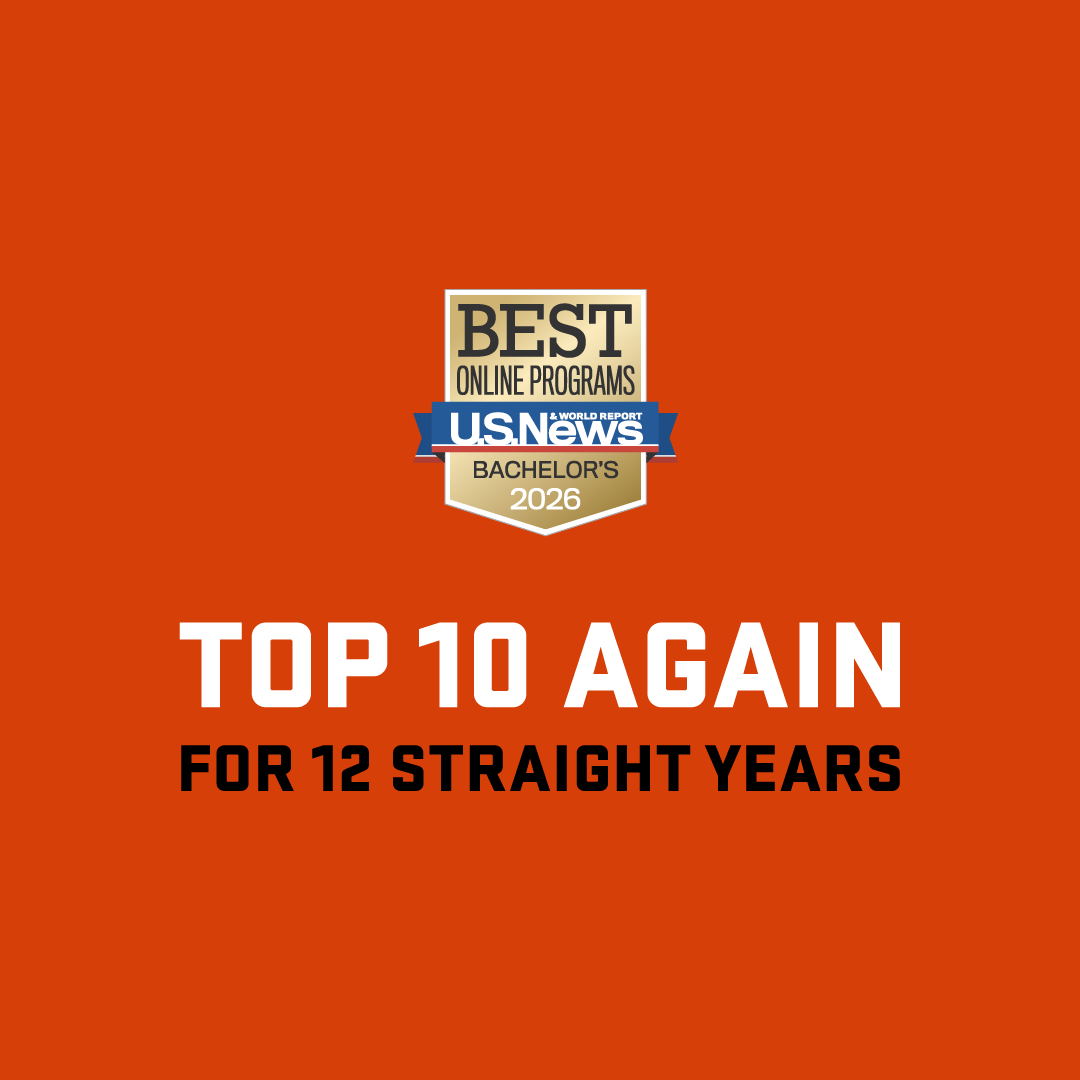 Bold text says: Top 10 again, for 12 straight years below a US News best online programs badge