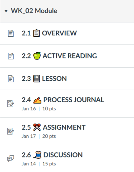 clipboard, green apple, notebook, hand writing with pencil, scissors and spool of thread emojis used in module items