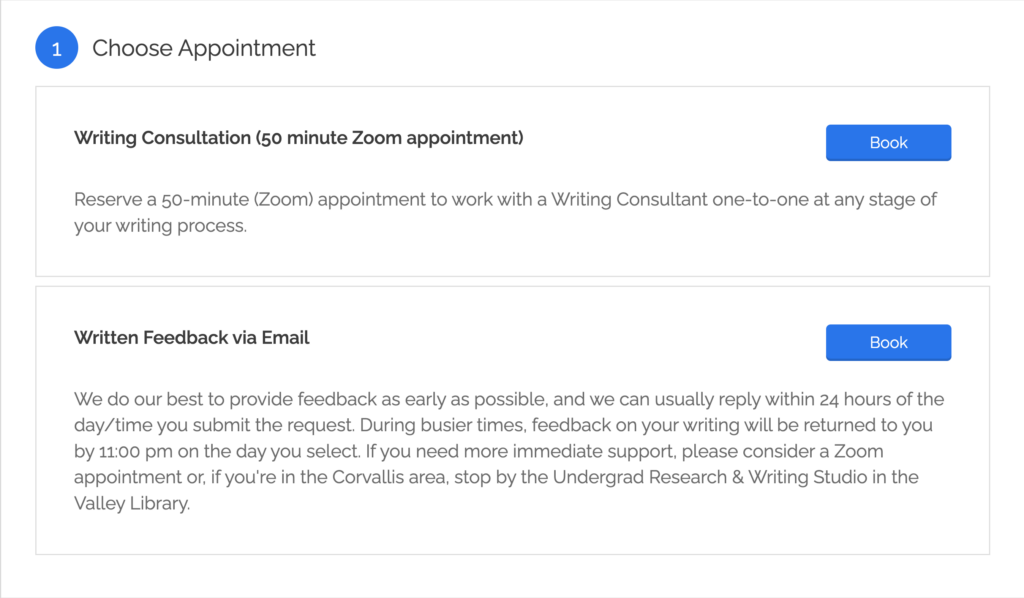 Image of the appointment options on the OWS website. One is a writing consultation over Zoom and the other is written feedback via Email.