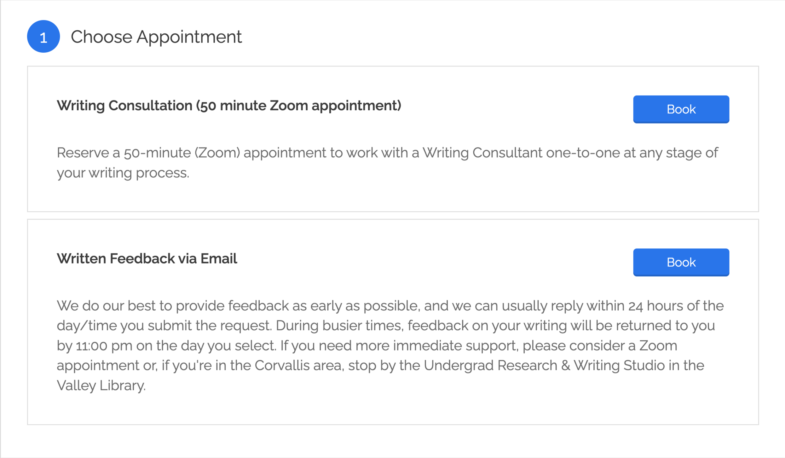 Online writing support center appointment options. 50 minute Zoom or written feedback via email