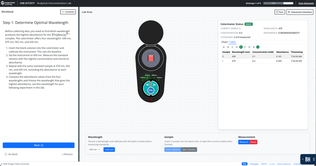 Screenshot of a virtual colorimeter laboratory showing instructions for determining the optimal wavelength, a handheld colorimeter, and measurement results at 430 and 470 nm. 