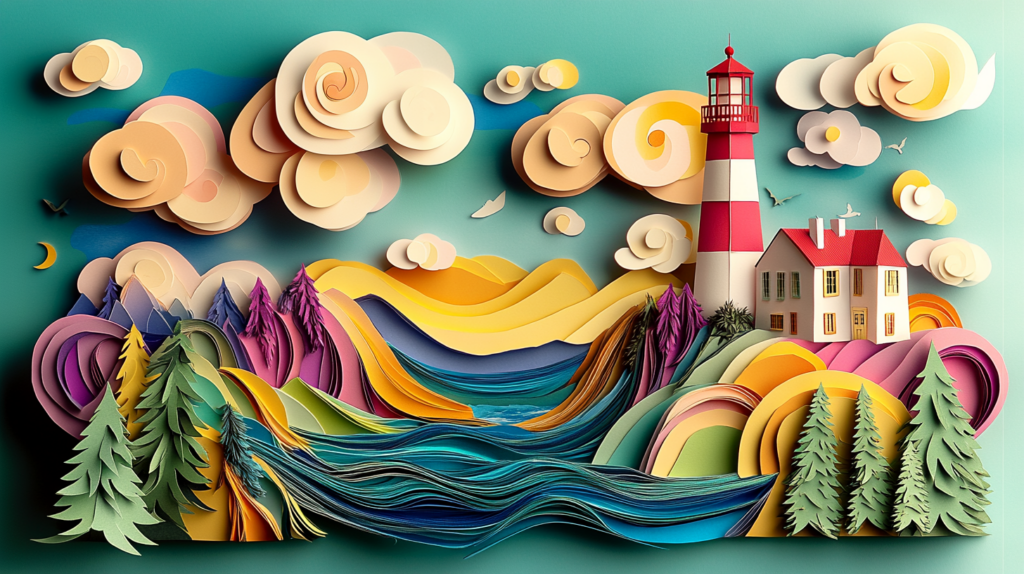 This layered paper art depicts the Heceta Head Lighthouse amid colorful hills, a flowing river, and tall green trees. Whimsical clouds and birds add depth, creating a vibrant and detailed handcrafted scene.
