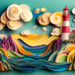 This layered paper art depicts the Heceta Head Lighthouse amid colorful hills, a flowing river, and tall green trees. Whimsical clouds and birds add depth, creating a vibrant and detailed handcrafted scene.