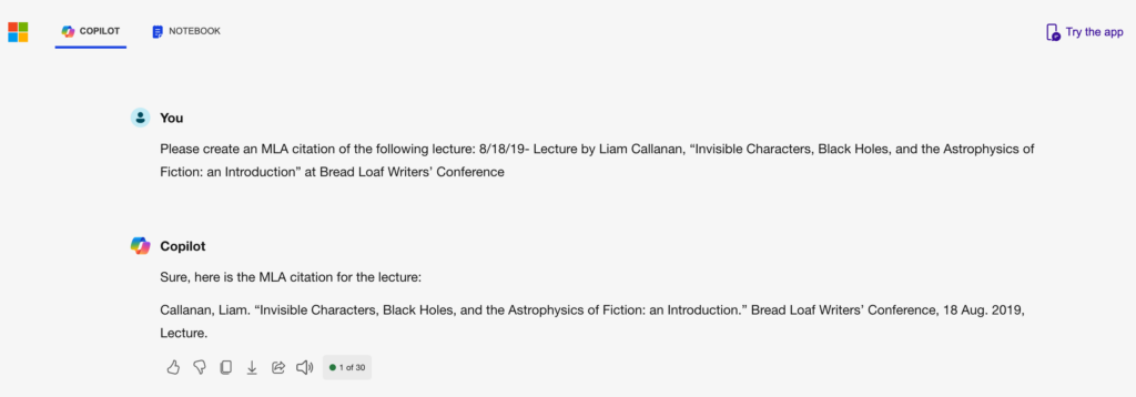 Screenshot of conversation with Copilot, starting with a request to create an MLA citation of a lecture by Liam Callanan at the Bread Loaf Writers' Conference