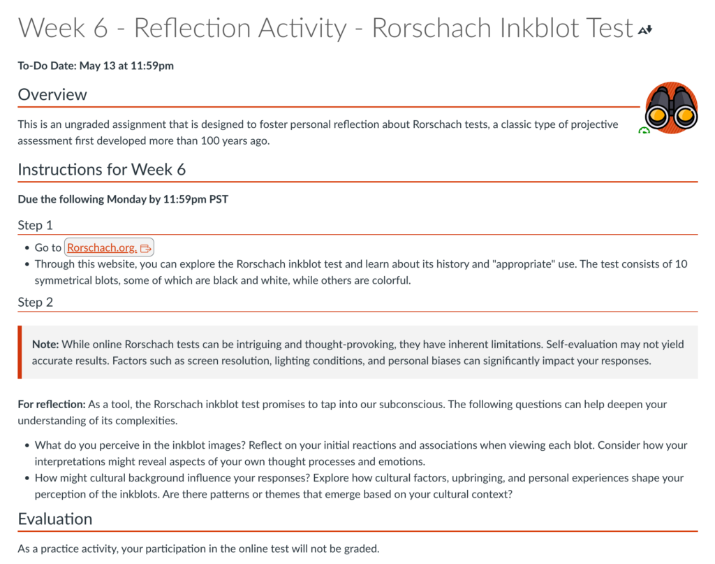 Screenshot of Week 6 - Reflection Activity - Rorschach Inkblot Test, including a warning about the limitations of Rorschach tests and prompts for reflection