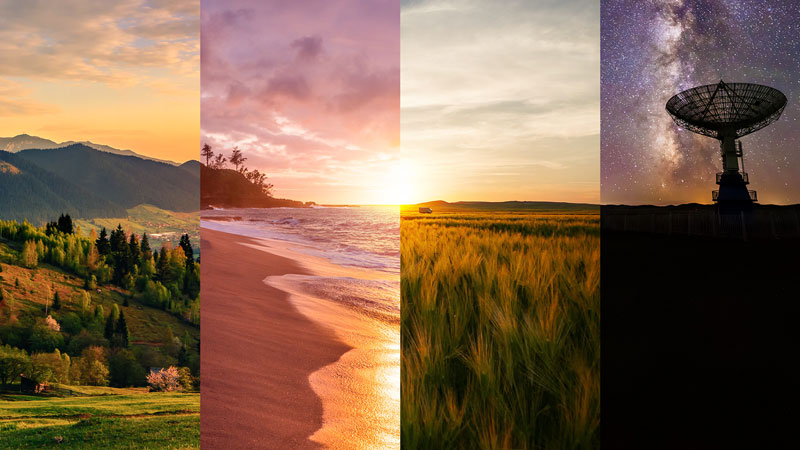 composite image representing OSU as a land, sea, space and sun grant institution