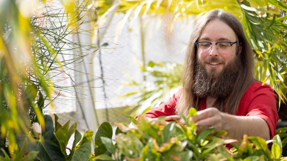 Shane Holmes, who earned a botany bachelor’s degree online from Oregon State University, smiles while handling plants in a greenhouse.