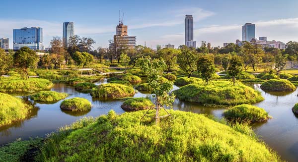 Green urban parkland with wetlands and tree‑covered mounds set against a backdrop of modern city buildings.