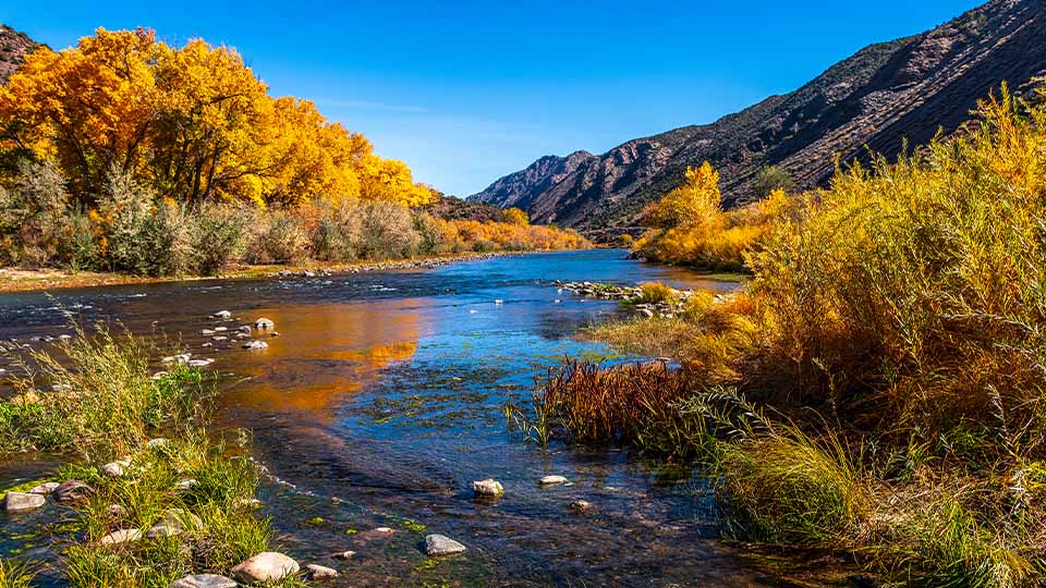 Clear river winding through rocky banks and golden autumn trees beneath mountain peaks and a bright blue sky