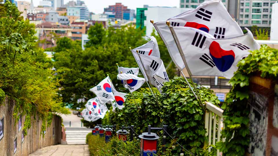 A row of South Korean flags with red, blue, and black symbols displayed along a sloped walkway lined with green foliage.