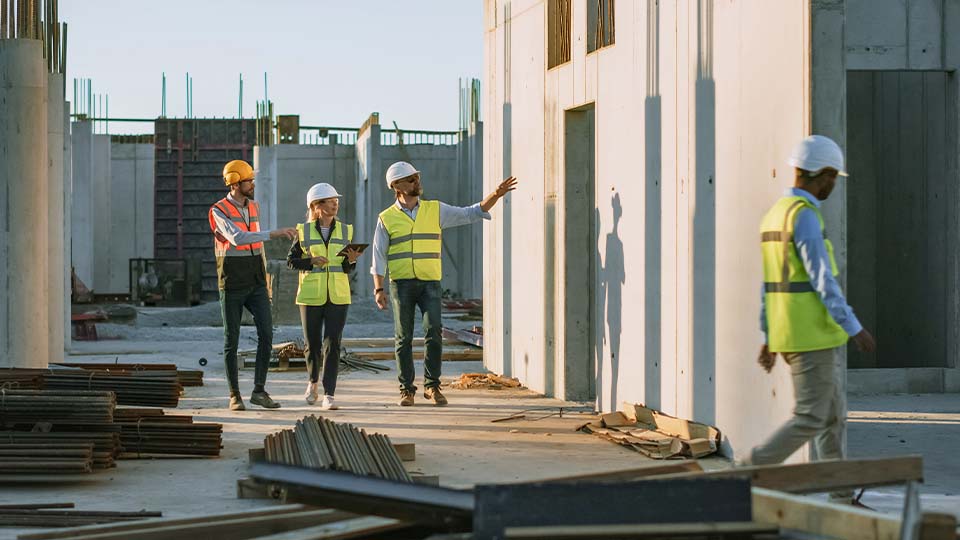 Architectural engineering team in safety gear inspecting a construction site and discussing structural details