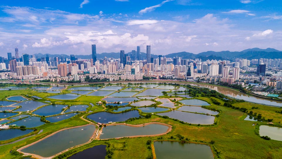 Aerial view of a city skyline set behind green fields, interconnected ponds and mountains under a blue sky with scattered clouds.