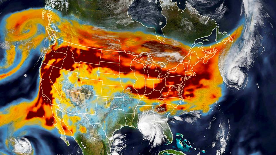 A meteorological map of the United States overlayed with weather systems, including hurricanes and severe weather