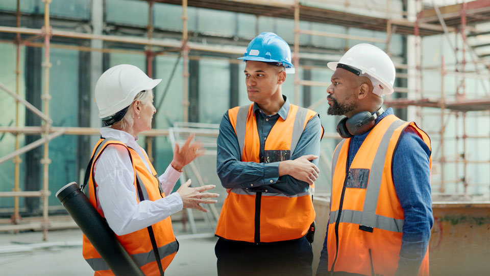 A woman speaks to two men in a hard-hat construction zone with scaffolding in the background