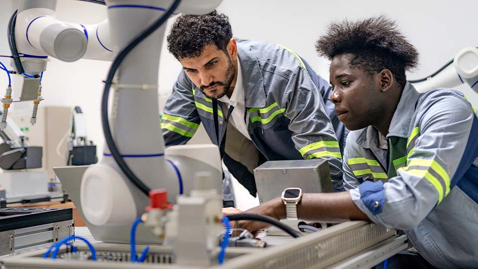 Two engineers collaborating while working on a robotic system in a lab, wearing safety uniforms with reflective stripes