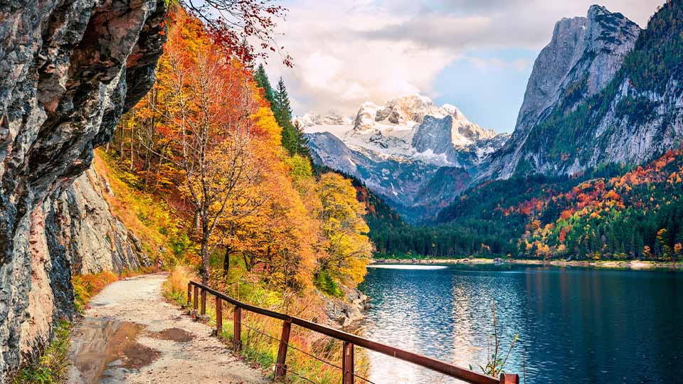 Pathway beside beautiful lake with bright yellow aspens and snow-capped mountains in background