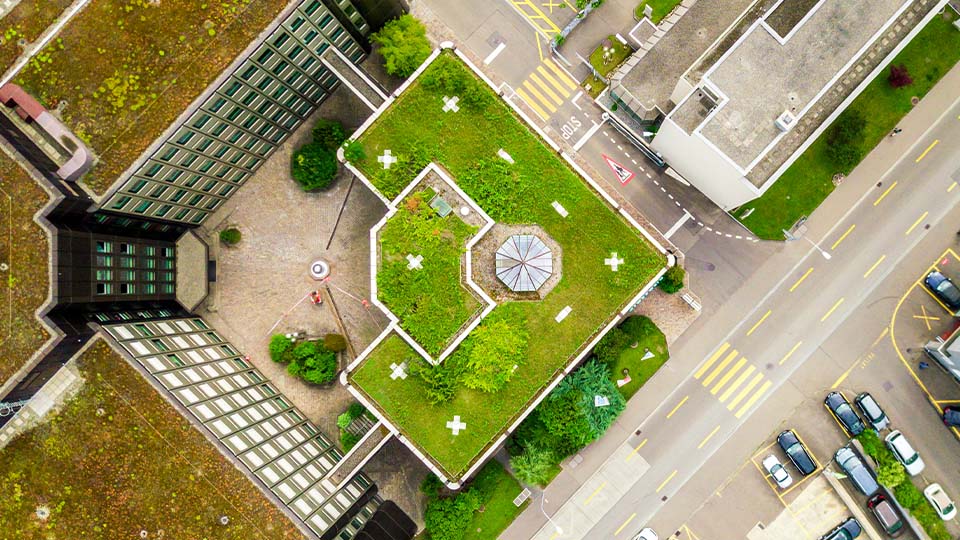 Aerial view of apartment building with green roof and plants growing in courtyard