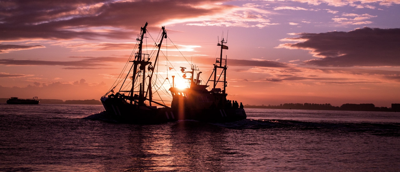 A fishing boat moving through the ocean water with the sun setting behind it
