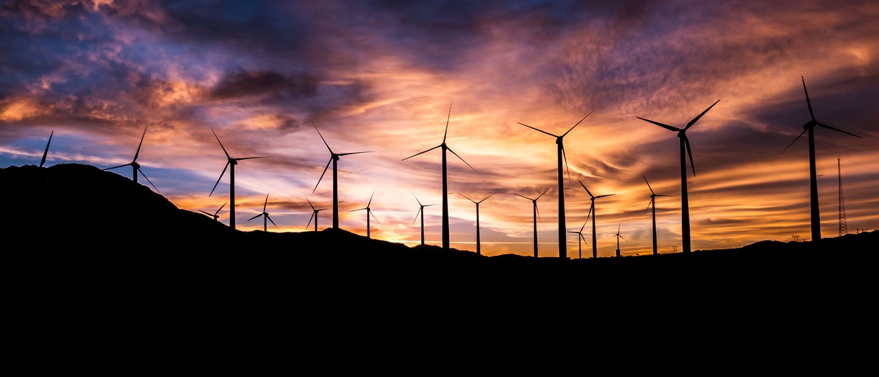 A field of wind turbines with the sunset in the background