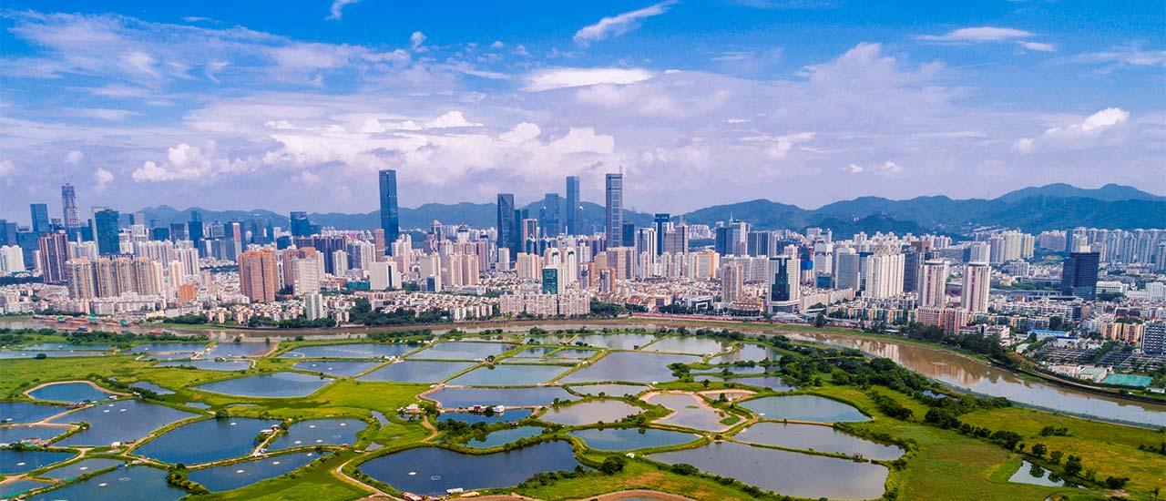 Aerial view of a city skyline set behind green fields, interconnected ponds and mountains under a blue sky with scattered clouds.