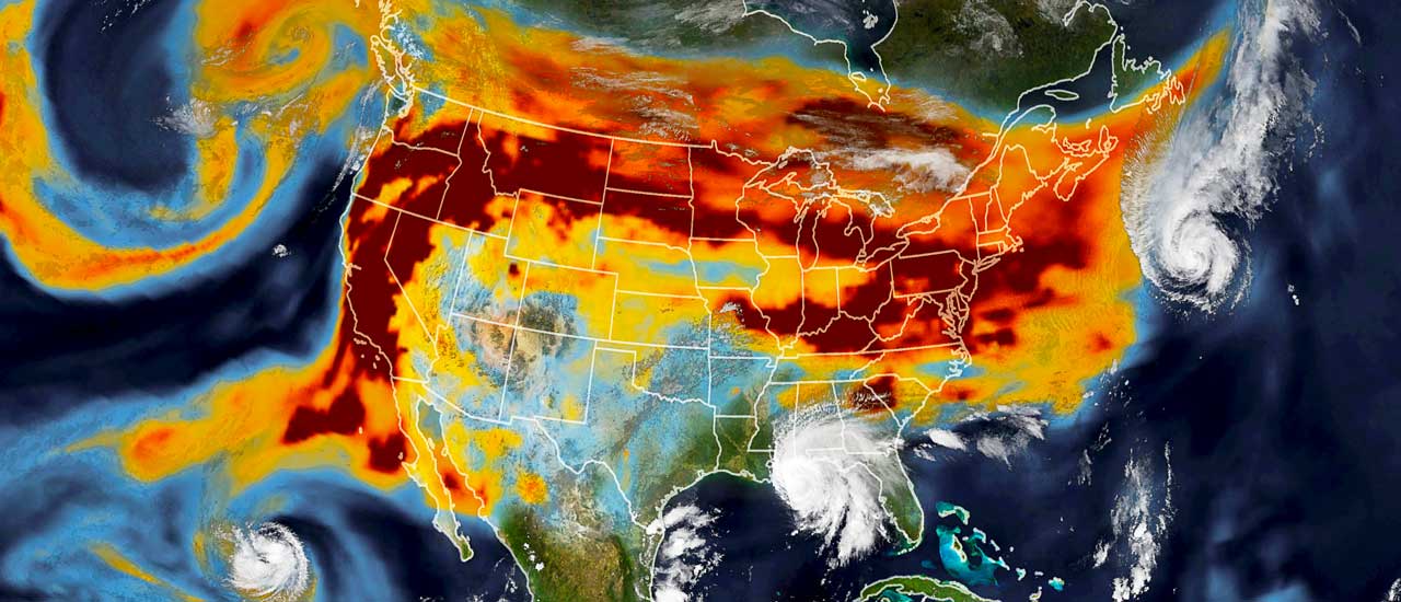 A meteorological map of the United States overlayed with weather systems, including hurricanes and severe weather