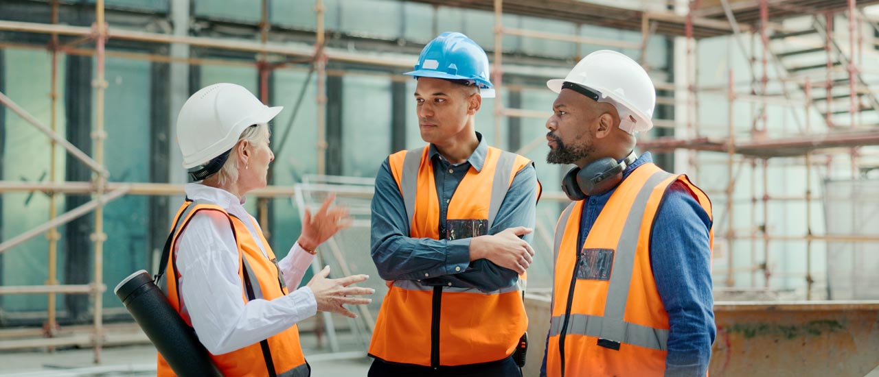 A woman speaks to two men in a hard-hat construction zone with scaffolding in the background