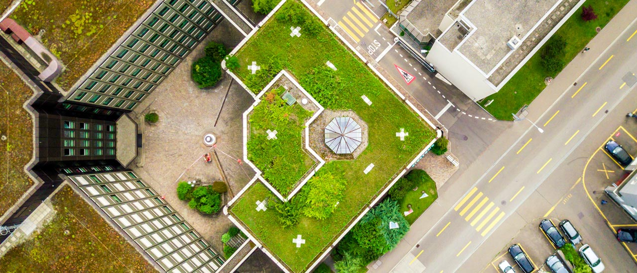 Aerial view of apartment building with green roof and plants growing in courtyard