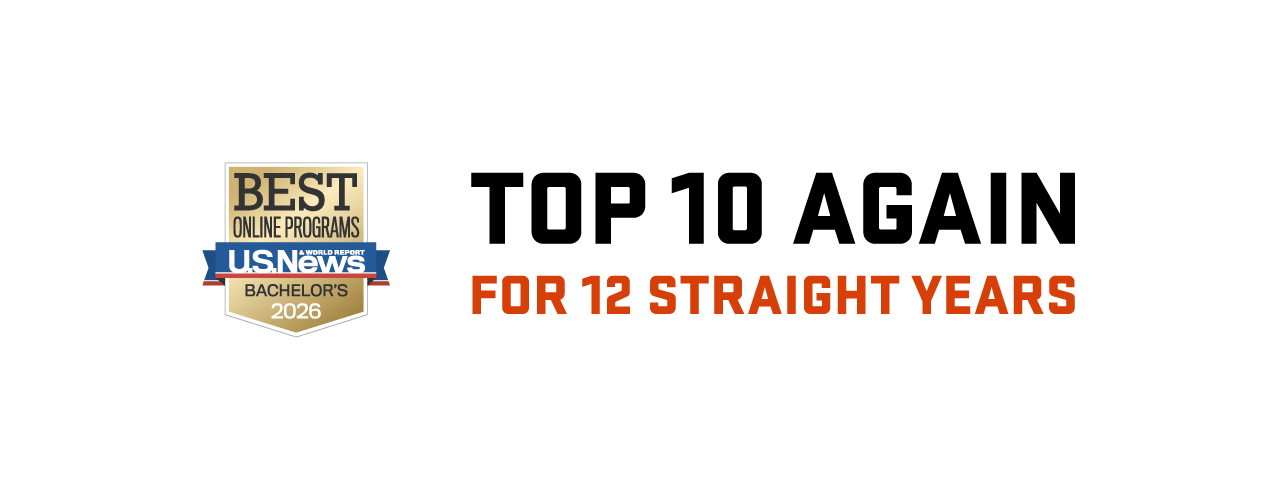 Bold text says: Top 10 again for 12 straight years, US News Badge says Best Online Programs U.S. News and World Report, Bachelor's 2026