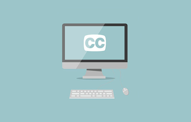 A digitally designed image of a computer monitor with keyboard and mouse against a light blue background. The computer's screen reads "CC" for closed captioning.