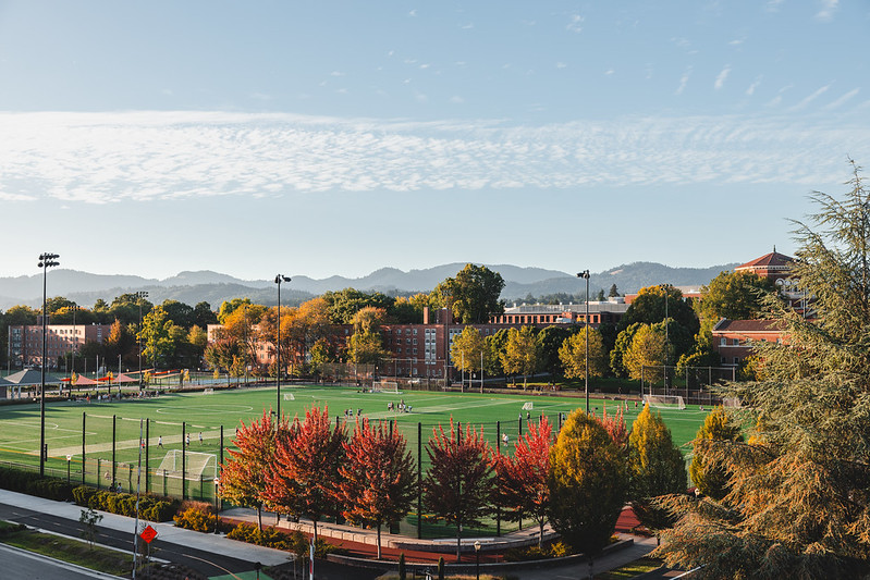 Oregon State University's Corvallis campus with trees with fall colors and sports fields