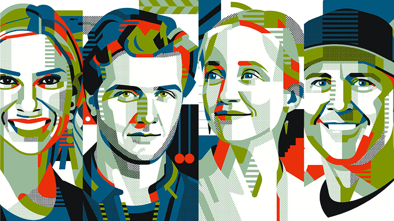 A stylized illustration of four faces arranged side by side, featuring bold colors and graphic elements. Each face is composed with a combination of geometric shapes and patterns. The four people are Oregon State University graduates Jane Vinesky, Beau Mirchoff, Heather Bell and Daniel Robertson.