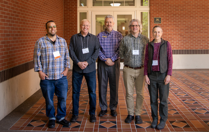 Ecampus award winners stand together for a photo. From left: Blake Hausman, Doug Reese, Noah Buckley, Marc Curtis, Lynn Greenough.