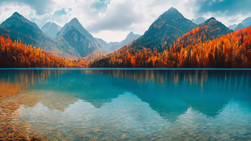 an alpine lake with red leafed trees and mountains the background