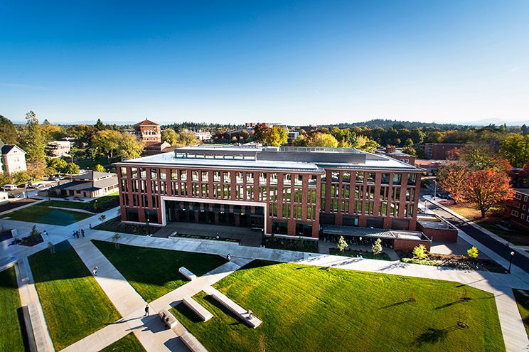 Aerial image of Austin Hall on the Oregon State University campus