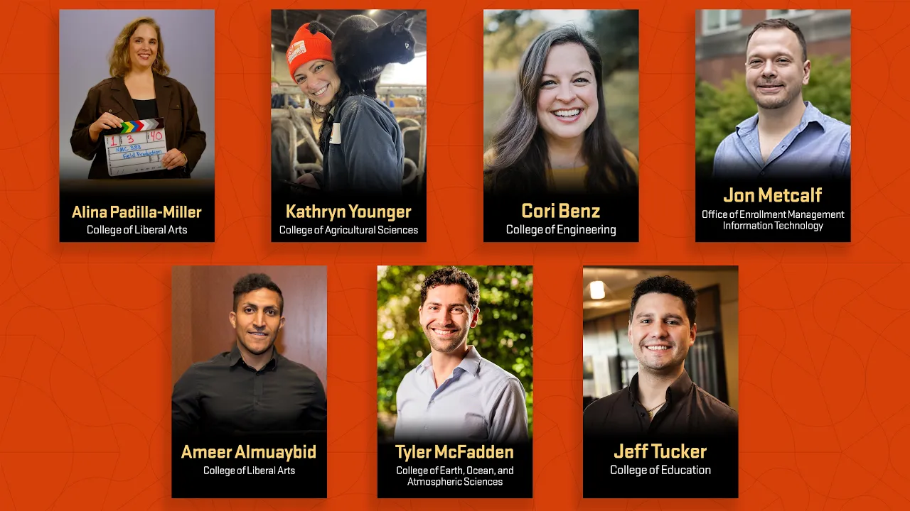 Composite graphic featuring seven Oregon State University faculty and staff headshots arranged in two rows on an orange background. Each portrait includes a name and department label: top row shows Alina Padilla-Miller (College of Liberal Arts); Kathryn Younger (College of Agricultural Sciences); Cori Benz (College of Engineering); Jon Metcalf (Office of Enrollment Management Information Technology). Bottom row shows Ameer Almuaybid (College of Liberal Arts); Tyler McFadden (College of Earth, Ocean, and Atmospheric Sciences); and Jeff Tucker (College of Education).