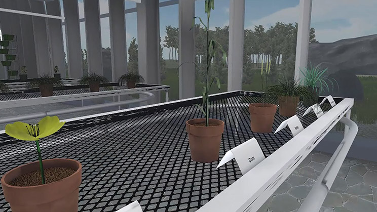 A screenshot of the virtual greenhouse used in Alyssa Duval's online classrooms. On the nearest table in the greenhouse, there are several potted plants with white label cards in front of them.