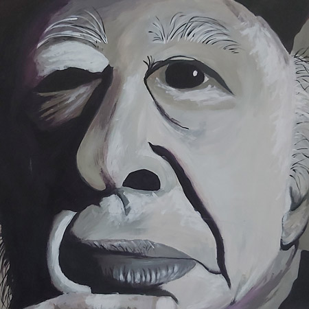 This is a picture of a gray-scale painting done by Brian’s sister. It depicts an elderly white man with a black hat, rubbing his chin thoughtfully.