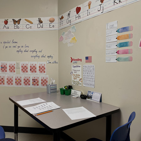 This is a picture of Kate's workspace as a Reading Corps Tutor. She has a small desk with chairs for her and 2 children. She has decorated the walls with posters of the alphabet and motivational messages for her young students.